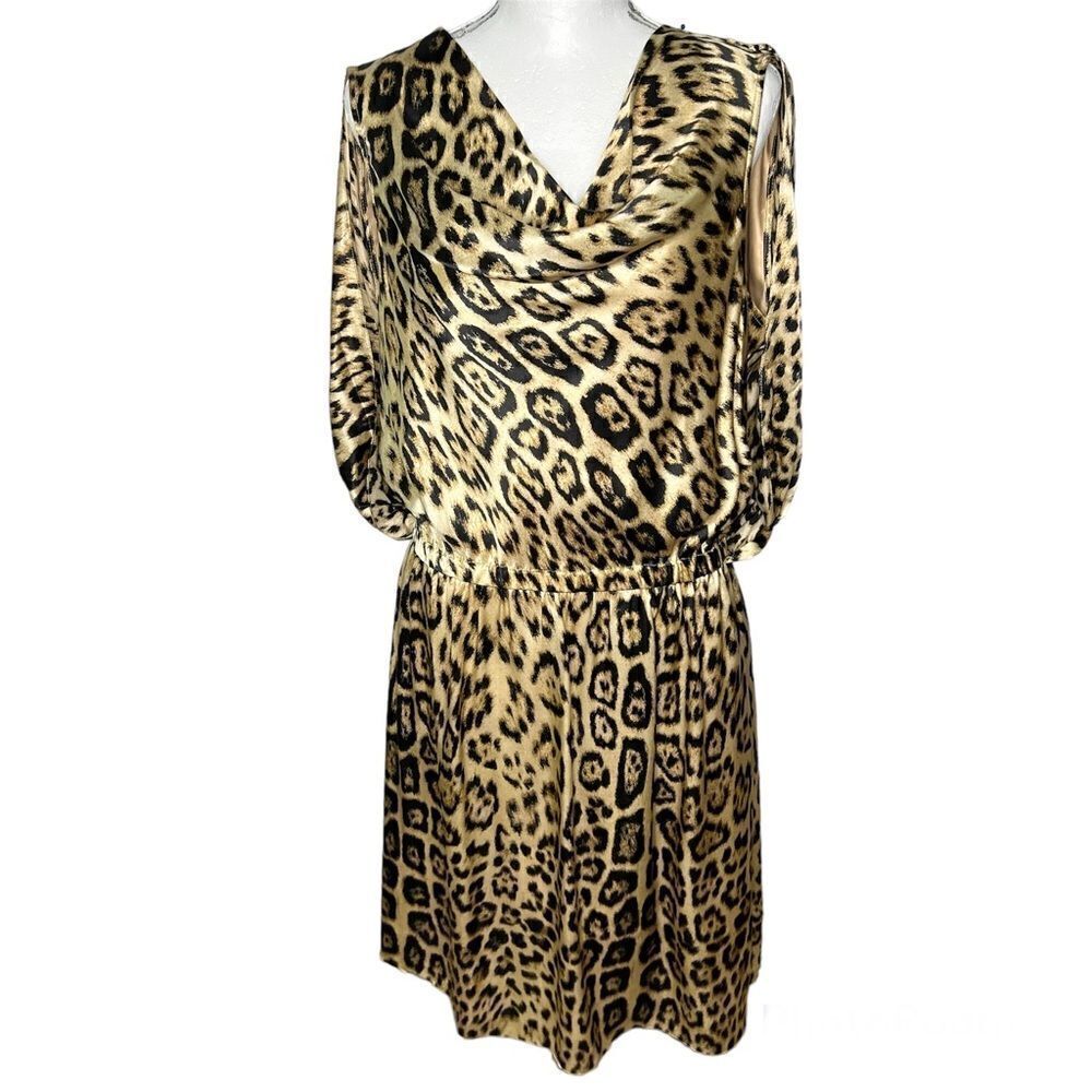 REEM Silk Cape Cowl Neck Cheetah Animal Print Gold/Black Medium Dress Sz Large